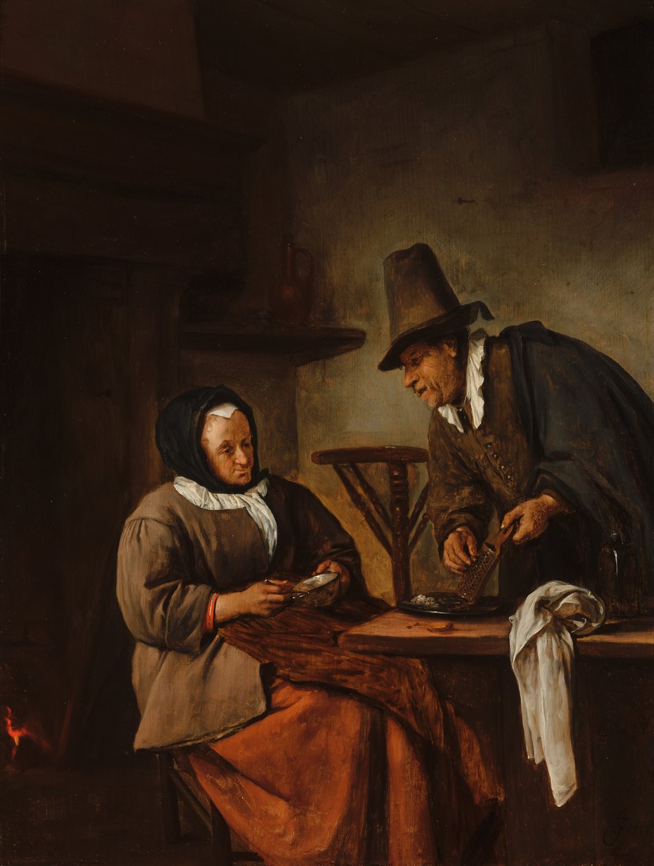 Ett gammalt par som tillagar en varm dryck av Jan Steen
