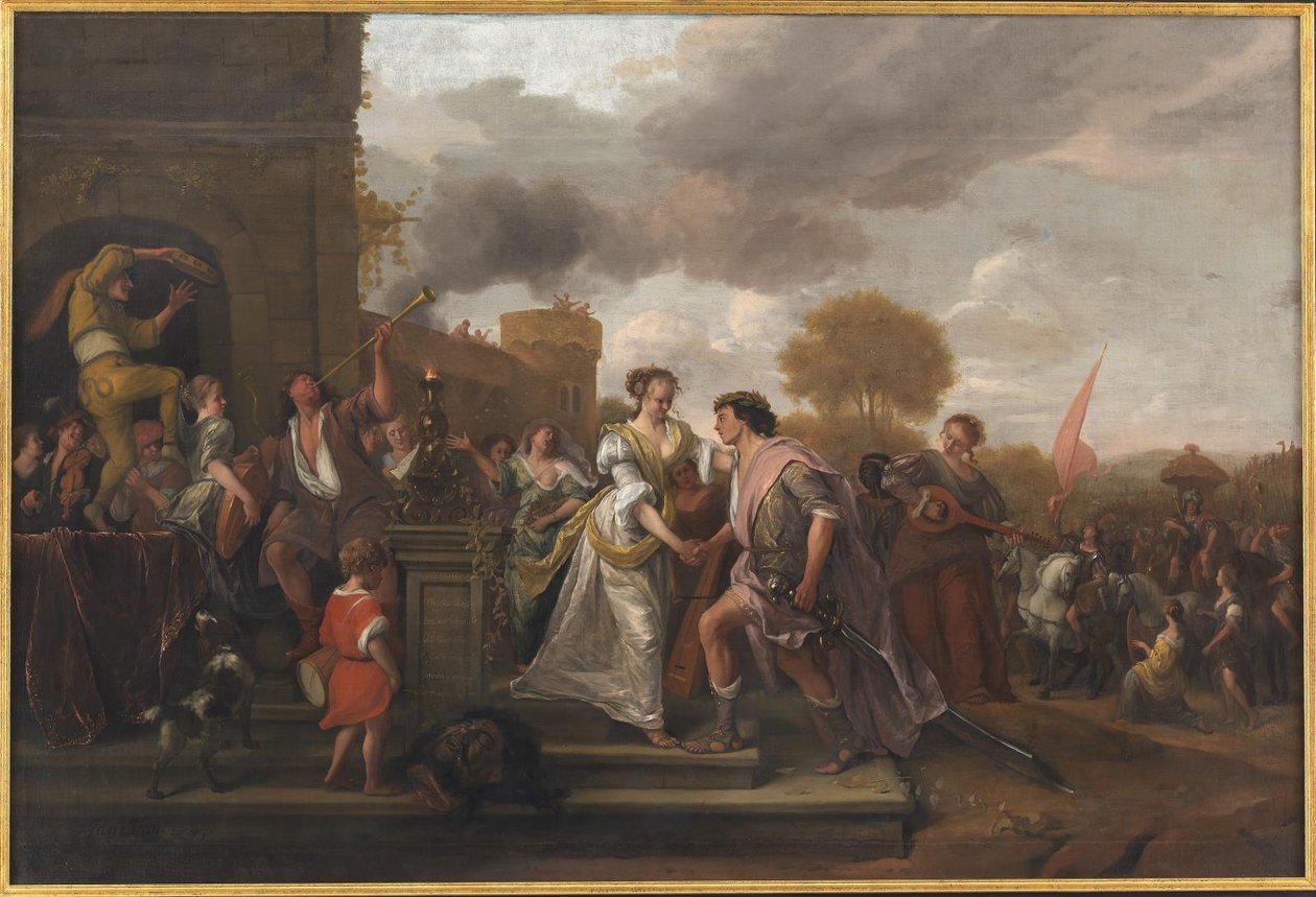 David återvänder segerrik efter att ha besegrat Goliat och filistéerna av Jan Steen