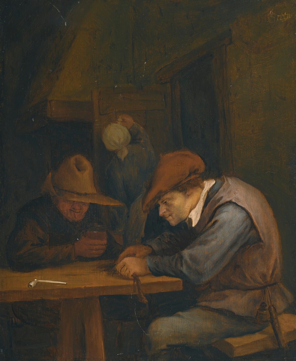 Bönder som dricker och skär tobak på ett värdshus av Jan Steen