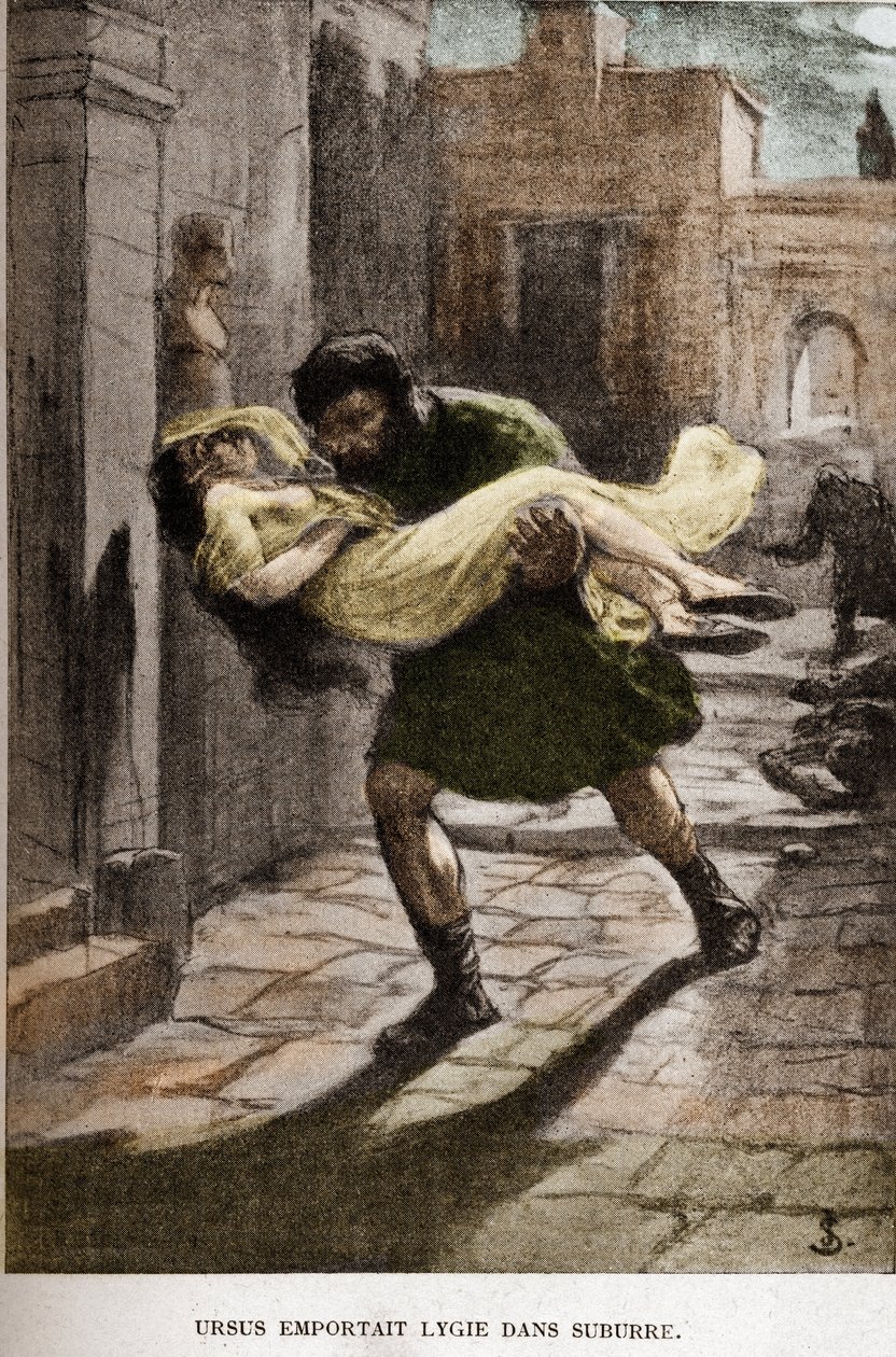 Ursus tog Lygie in suburre (kapitel X) illustration av JAN STYKA (1858-1925) till Henryk Sienkiewiczs roman "Quo Vadis". av Jan Styka
