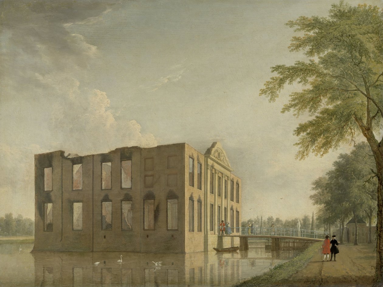 Berckenrode slott i Heemstede efter branden Berkenrode slott, Heemstede, efter branden 4-5 maj 1747: Sidovy av Jan Ten Compe