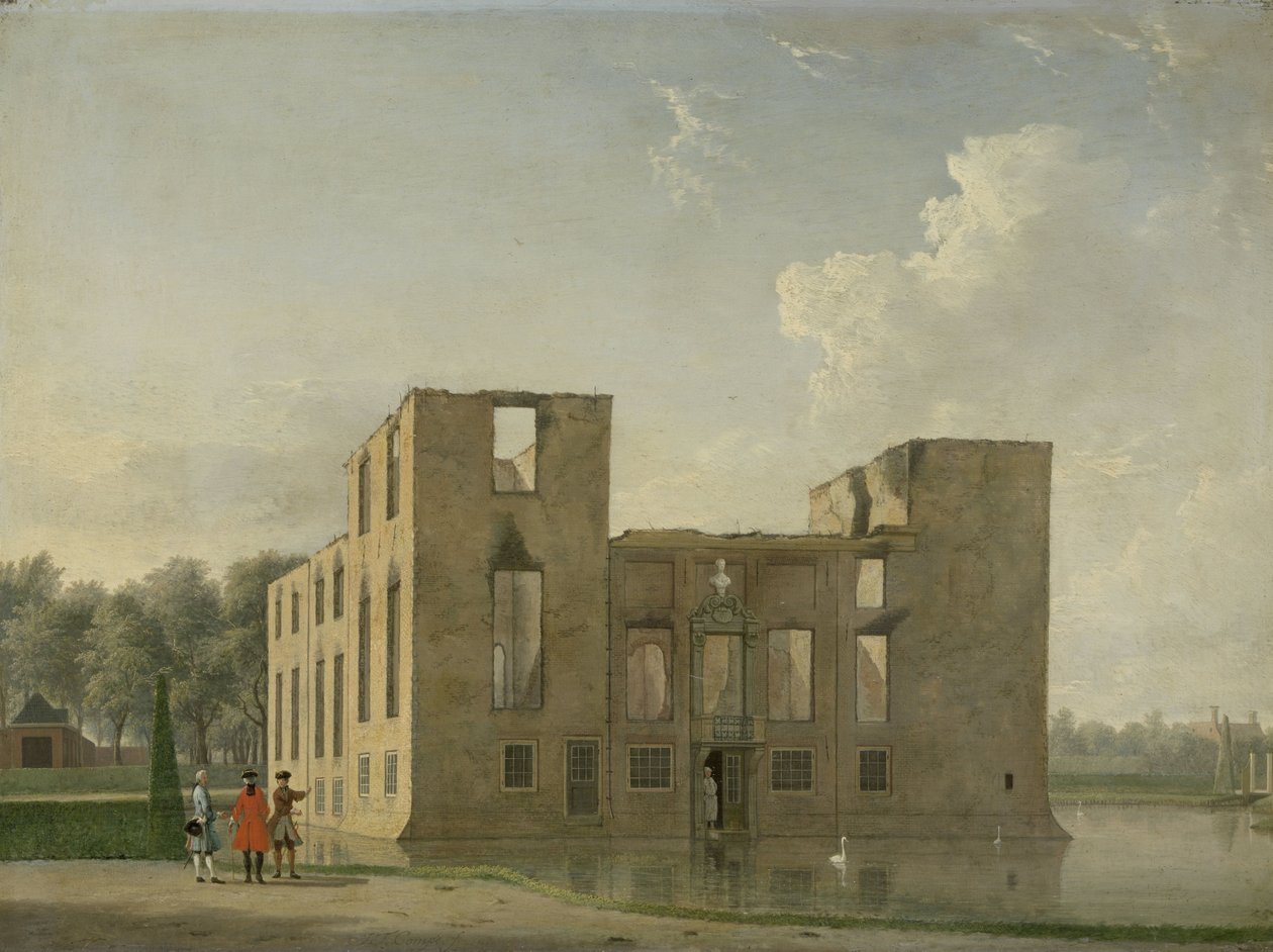 Bakifrån av Berckenrode slott i Heemstede efter branden Berkenrode slott, Heemstede, efter branden 4-5 maj 1747: Bakifrån av Jan Ten Compe