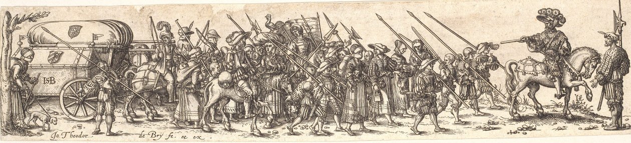 Soldaternas tro, framför en officer till häst av Jan Theodor de Bry