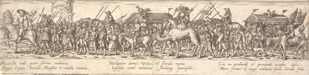 Tro av soldater med bagagevagn och Döden till häst av Jan Theodor de Bry