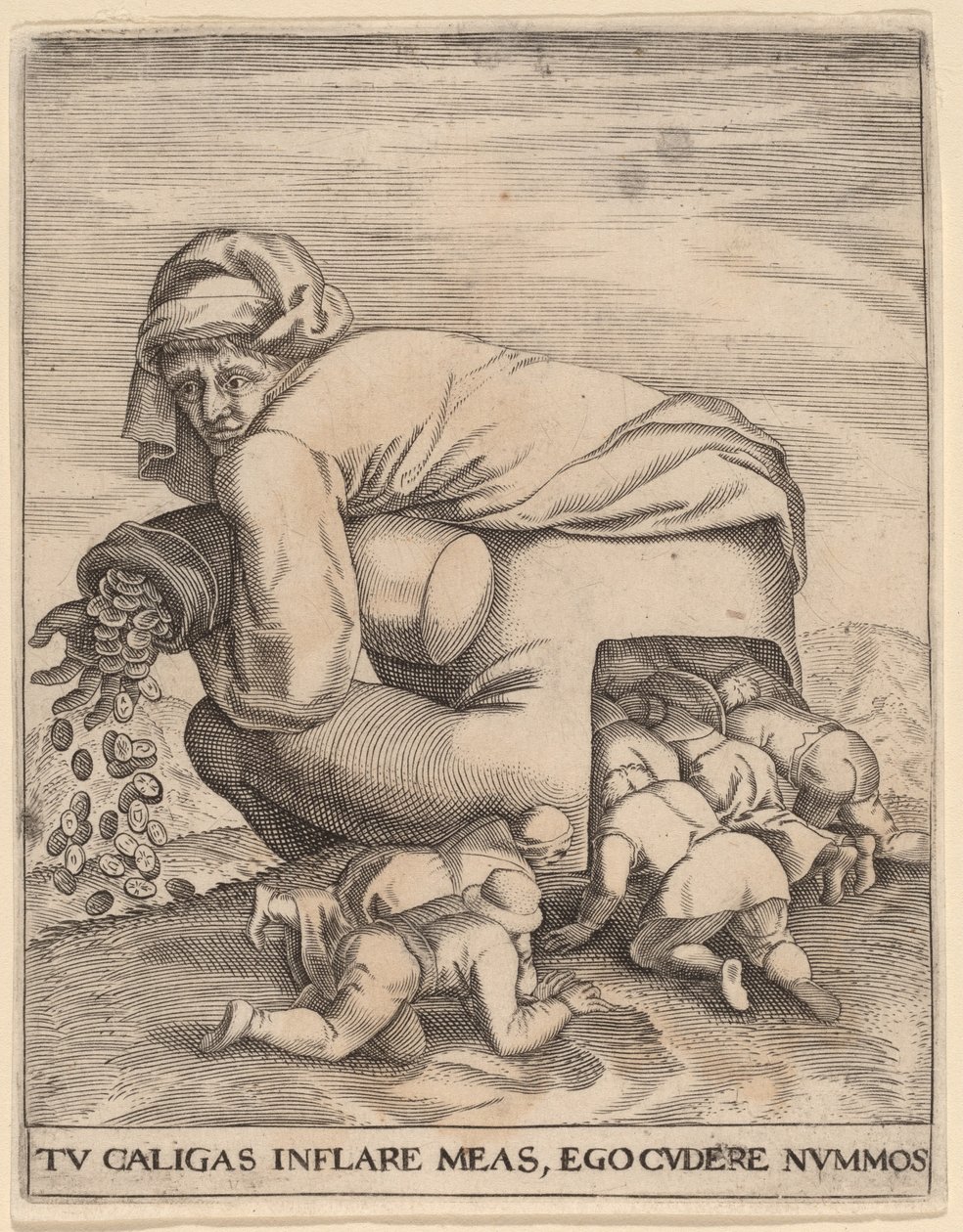Mannen med pengapåsen och hans smickrare av Jan Theodor de Bry after Pieter Bruegel the Elder