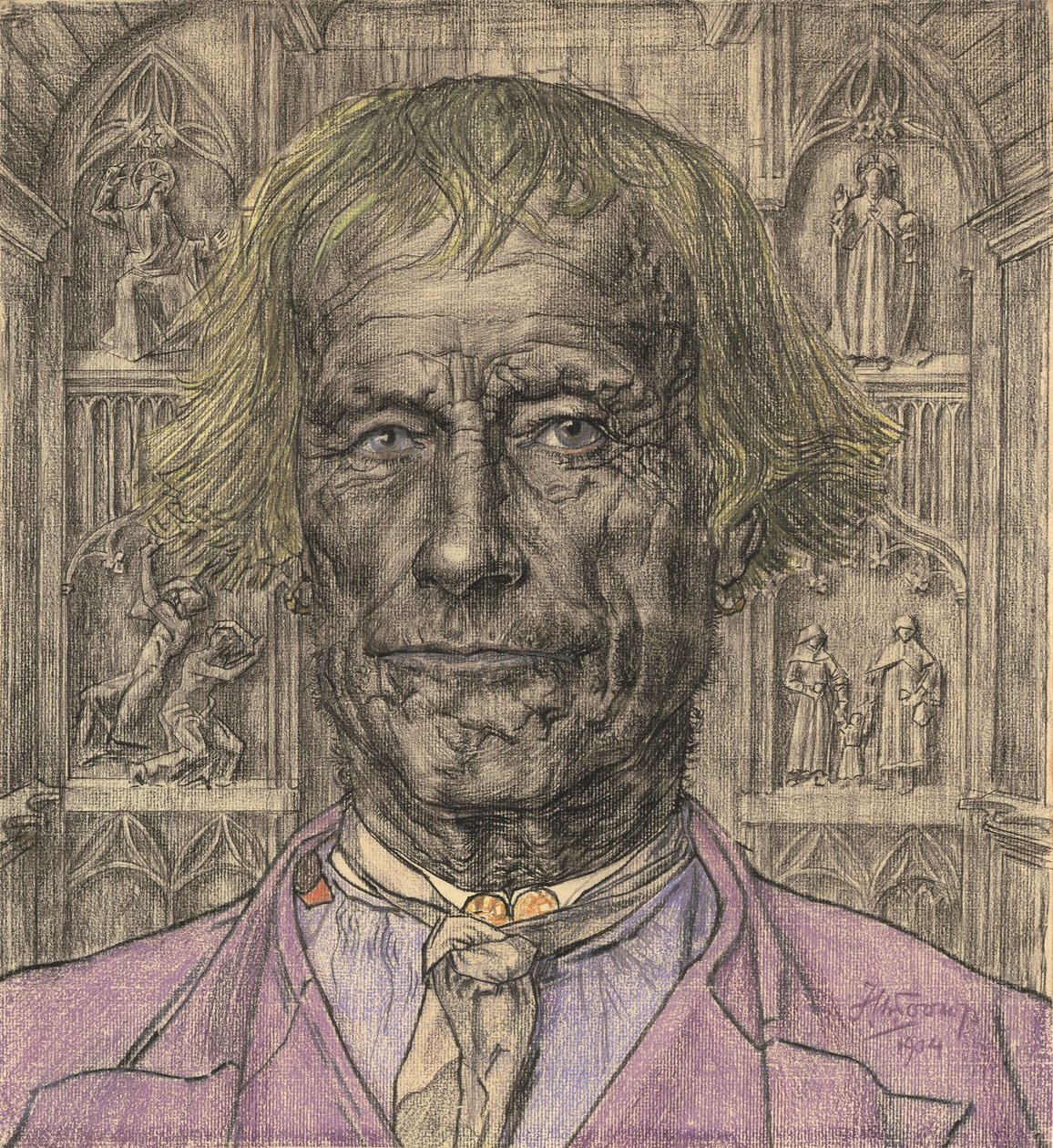 Porträtt av en gammal bonde framför en katedral, 1904. av Jan Toorop