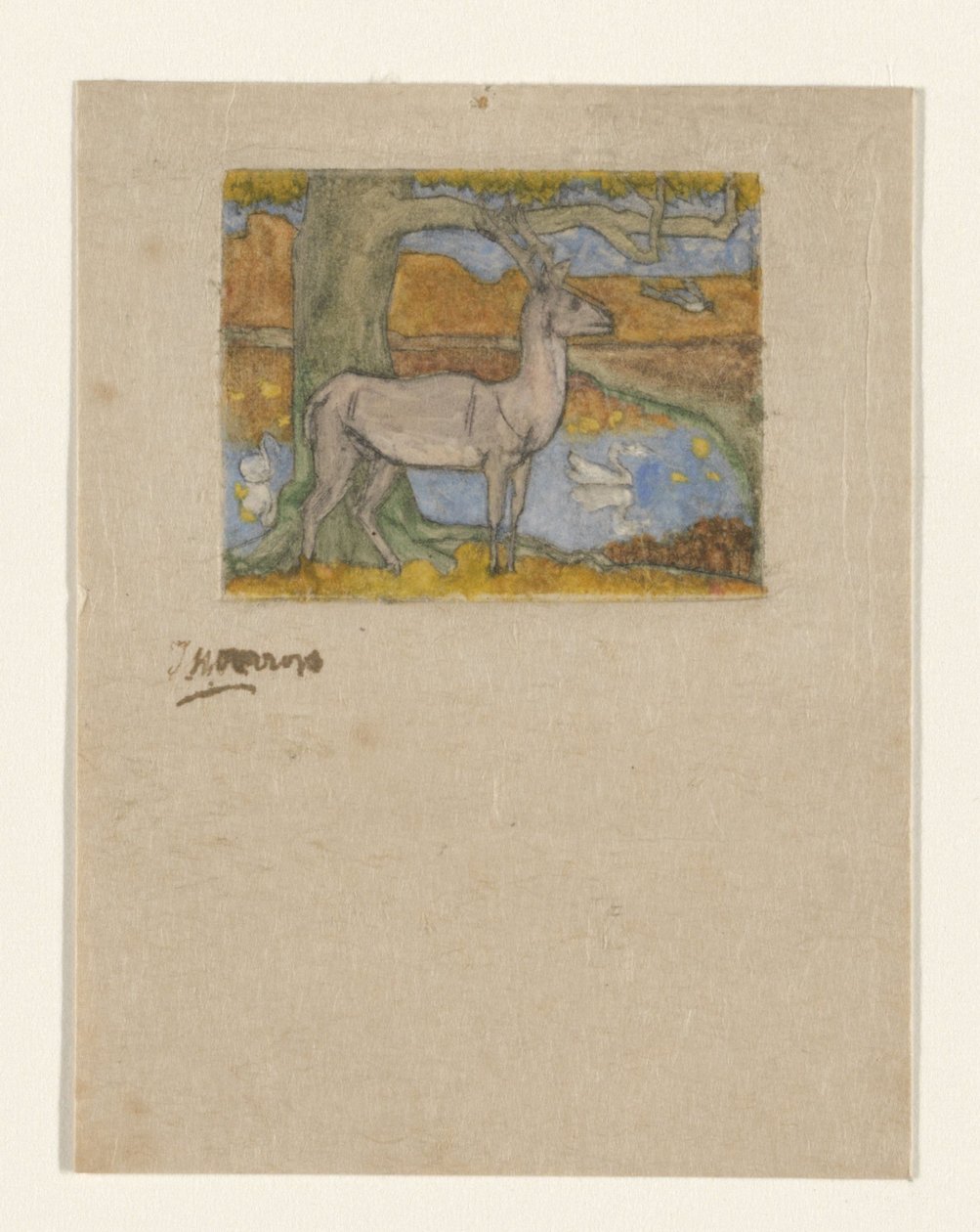 Rådjur nära ett träd framför en damm Rådjur nära ett träd (originaltitel) av Jan Toorop (signed by artist)