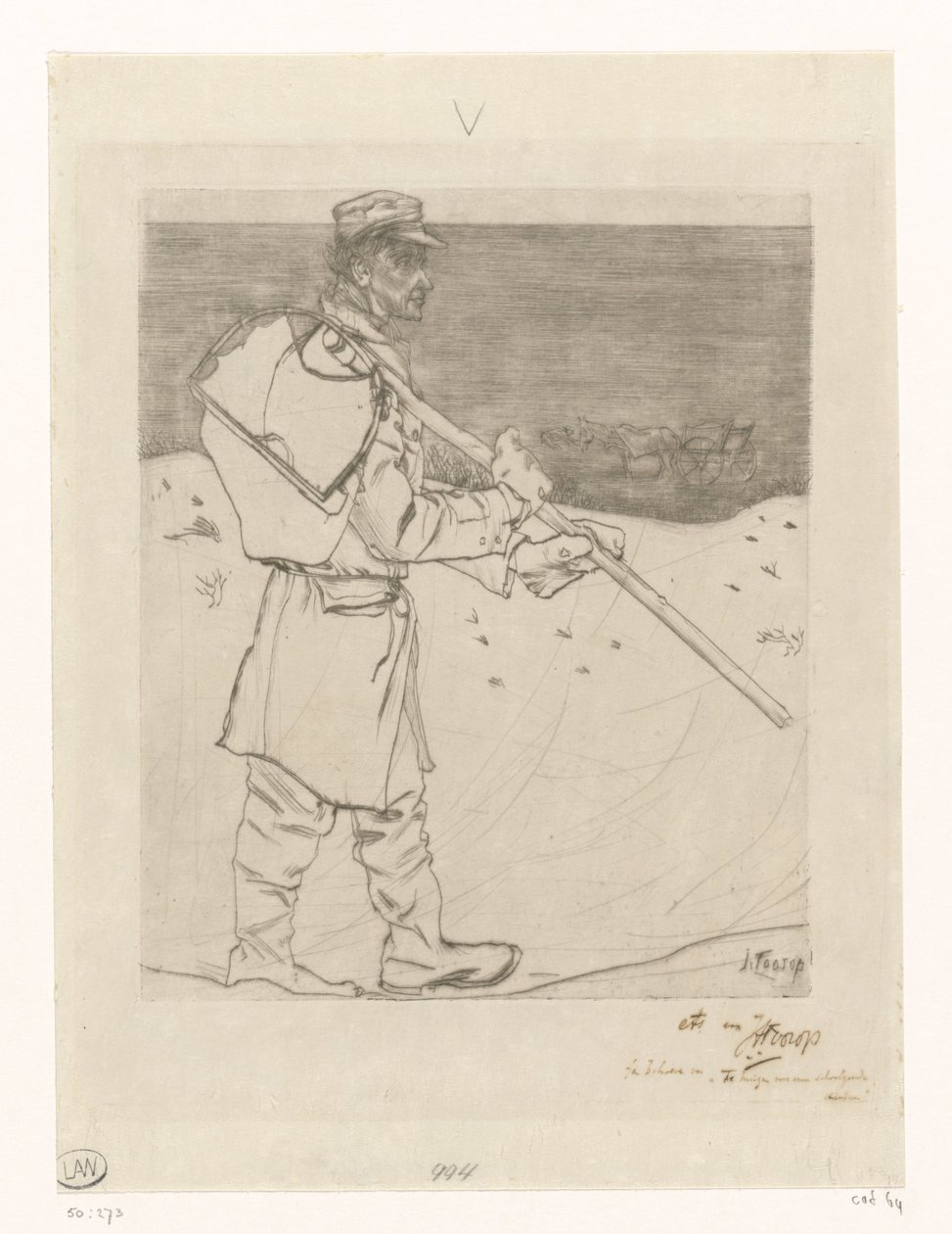 Skalfiskare med nät på stranden vid Katwijk aan Zee Skalfiskaren (originaltitel) av Jan Toorop (signed by artist)