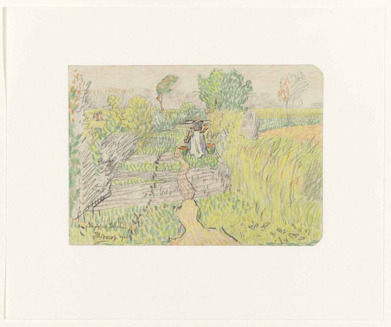 Bondekvinna med ett ok med mjölkhinkar på axlarna, går genom ett sädesfält av Jan Toorop