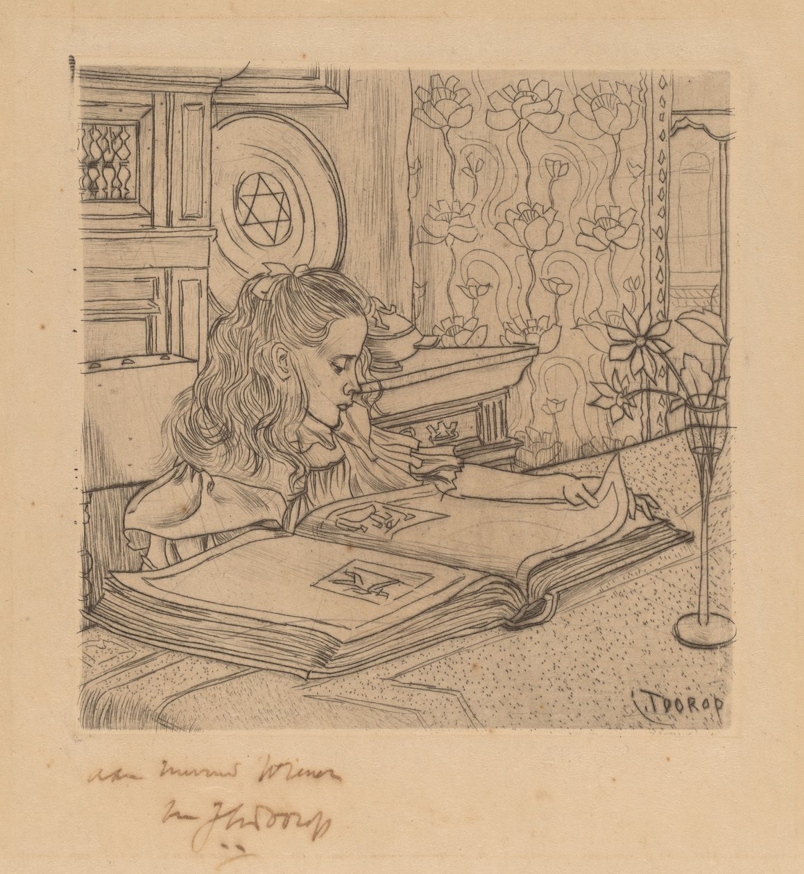 Charley tittar på ett album med utskrifter av Jan Toorop