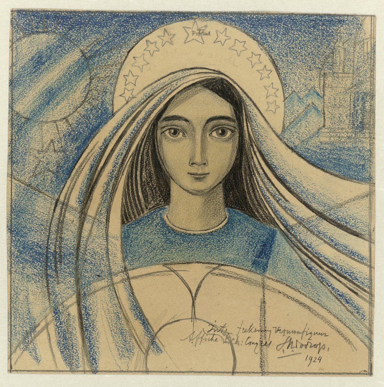 Detaljdesign av ett kvinnas huvud för en affisch för den internationella eukaristiska kongressen som hölls i Amsterdam 22-27 juli 1924 av Jan Toorop