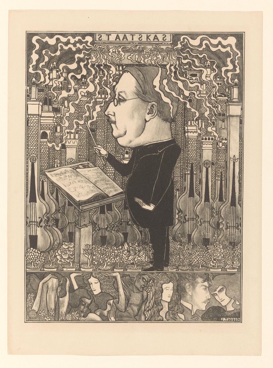 Dirigent med fioler bakom och rykande skorstenar The Treasury / De Haardsteden (originaltitel) av Jan Toorop