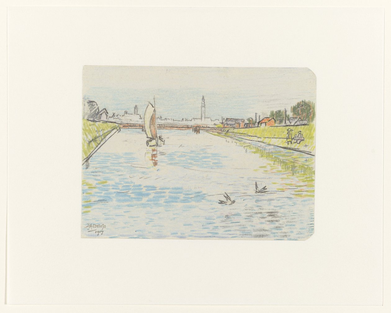 Utsikt över en kanal med ett segelfartyg av Jan Toorop