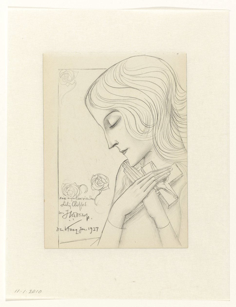Ung flicka i meditation som håller ett kors av Jan Toorop
