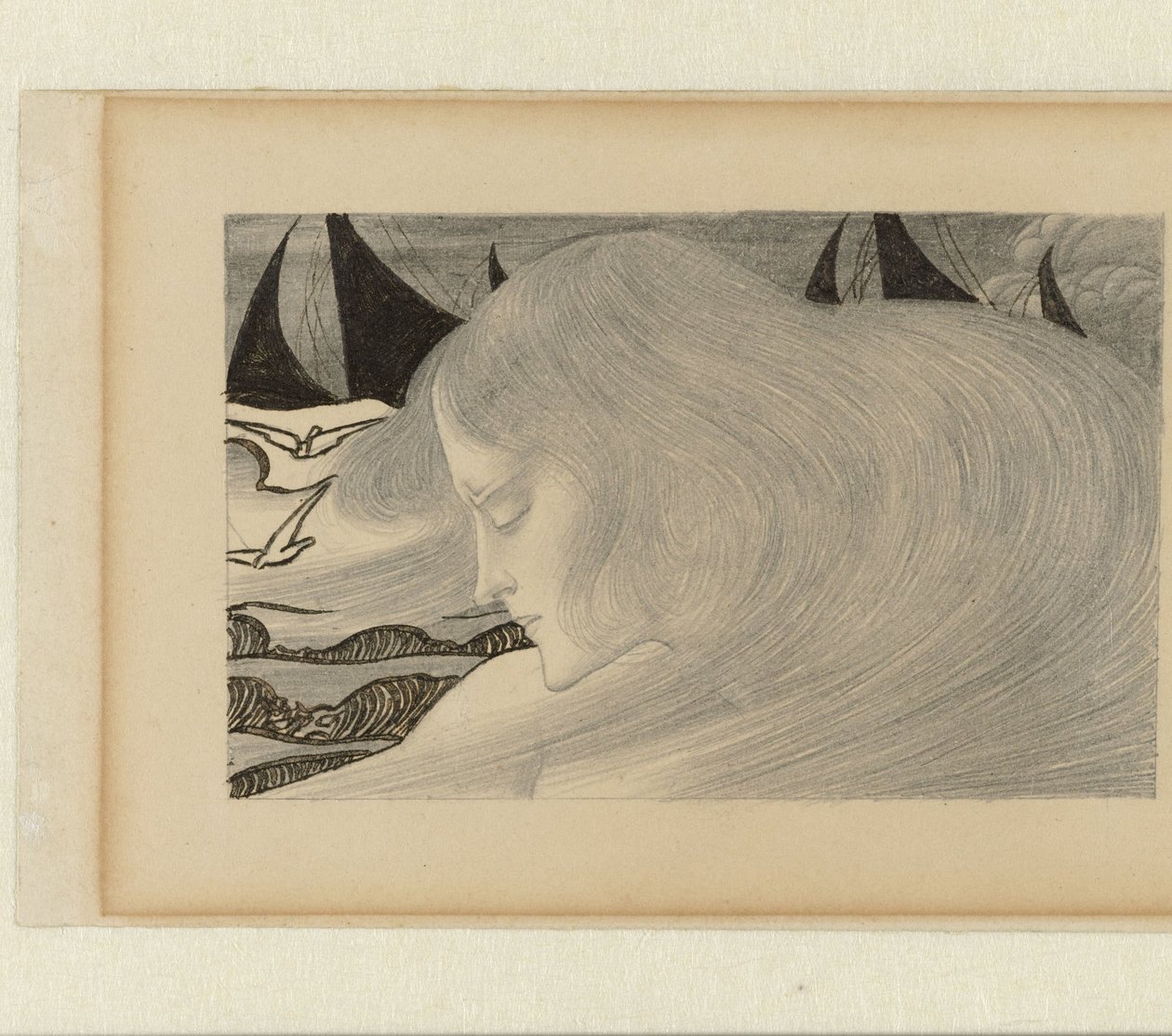 Ung kvinna med vågigt hår framför ett hav med skepp av Jan Toorop