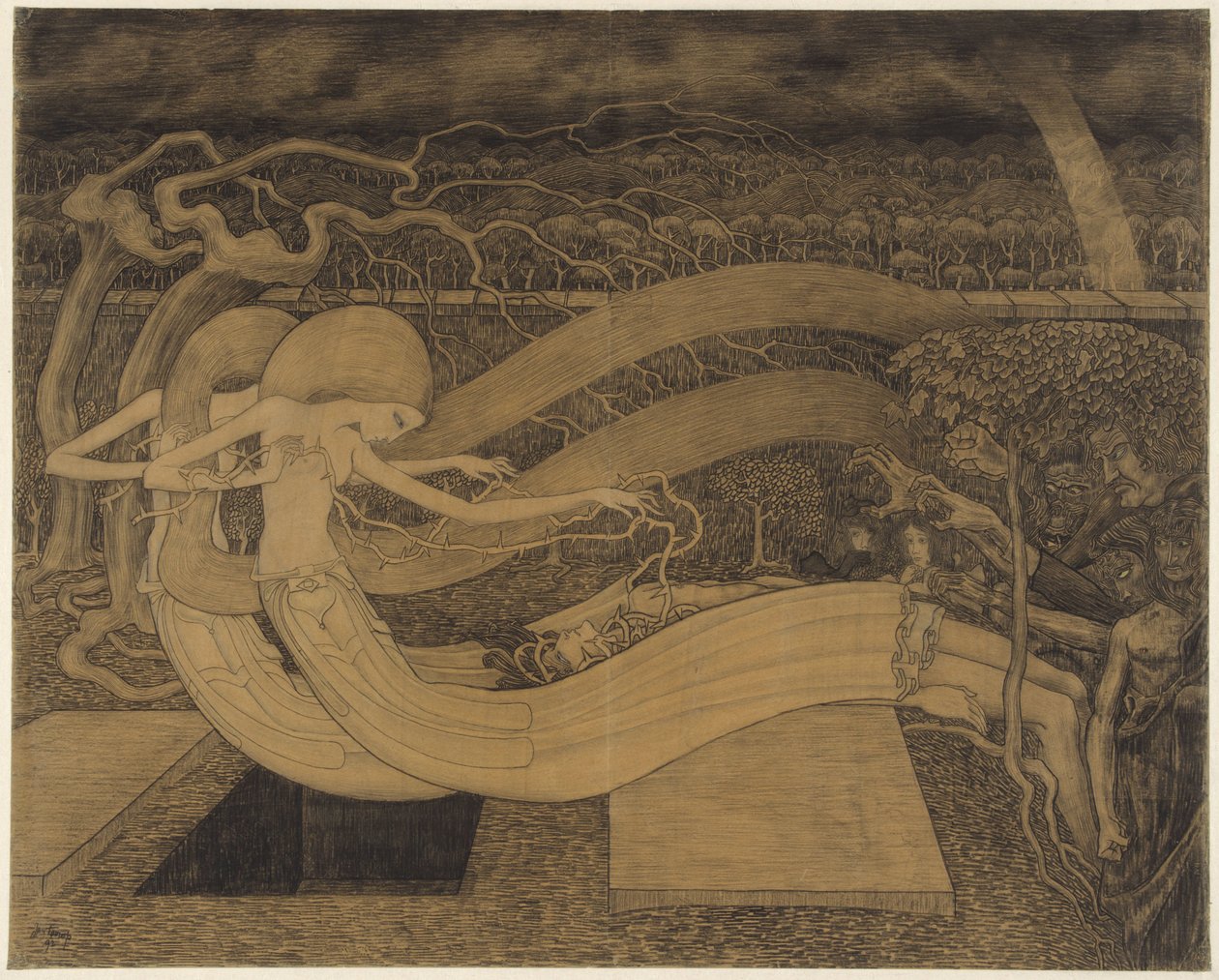 O Grave, var är din seger? Två kvinnor bredvid en man och en öppen grav O grav, var är din seger av Jan Toorop