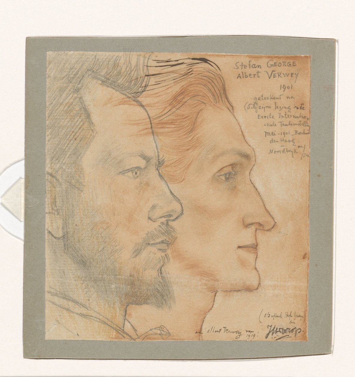 Porträtt av Albert Verwey och Stefan George Porträtt av Stefan George med det tecknade porträttet av Albert Verwey av Jan Toorop