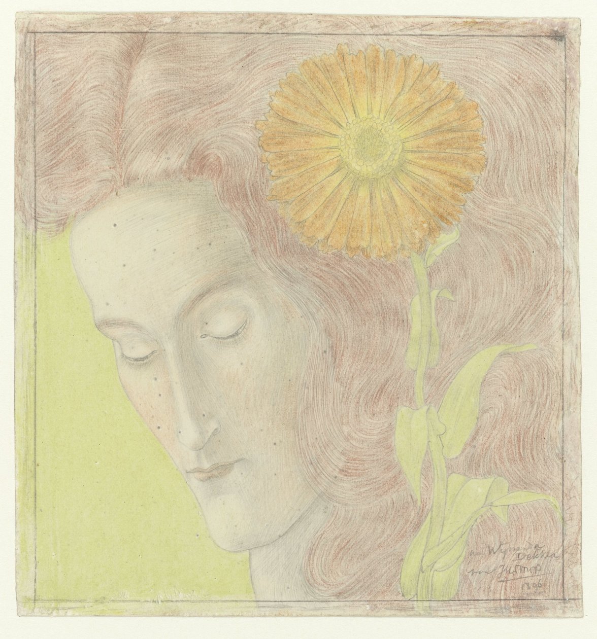 Kvinnans huvud med rödaktigt hår och krysantemum av Jan Toorop
