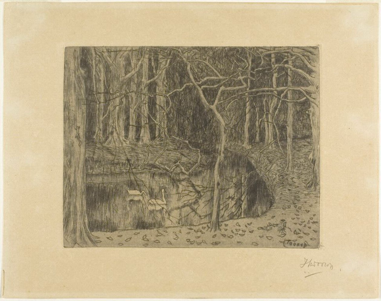 Skogsmark med damm och svanar av Jan Toorop