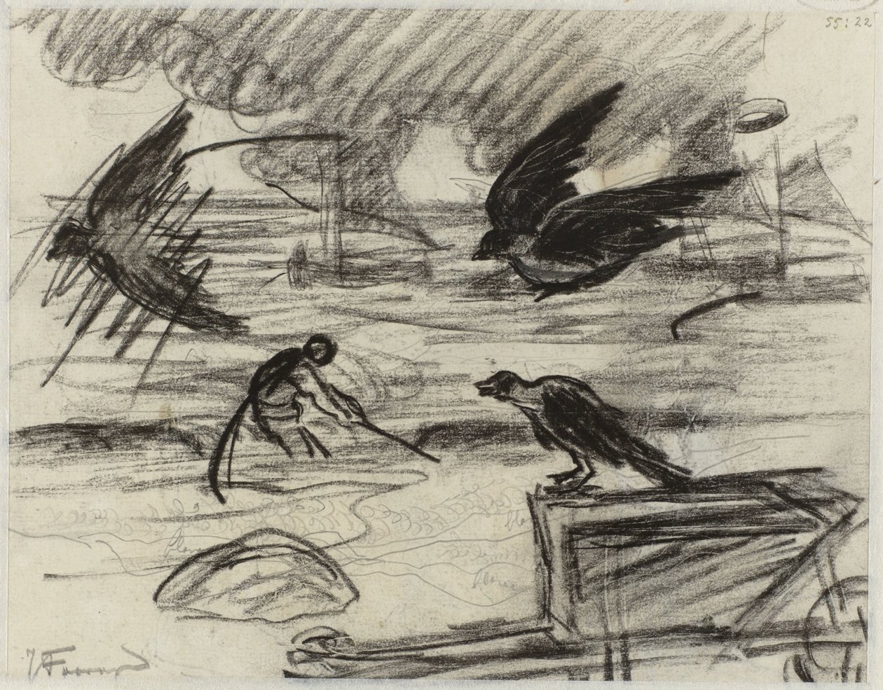 Havslandskap med fiskare, i förgrunden en skottkärra med fåglar av Jan Toorop