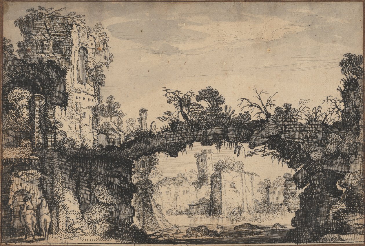 Landskap med ruiner (recto); Kvinnohuvud och djur (verso) av Jan Van de Velde