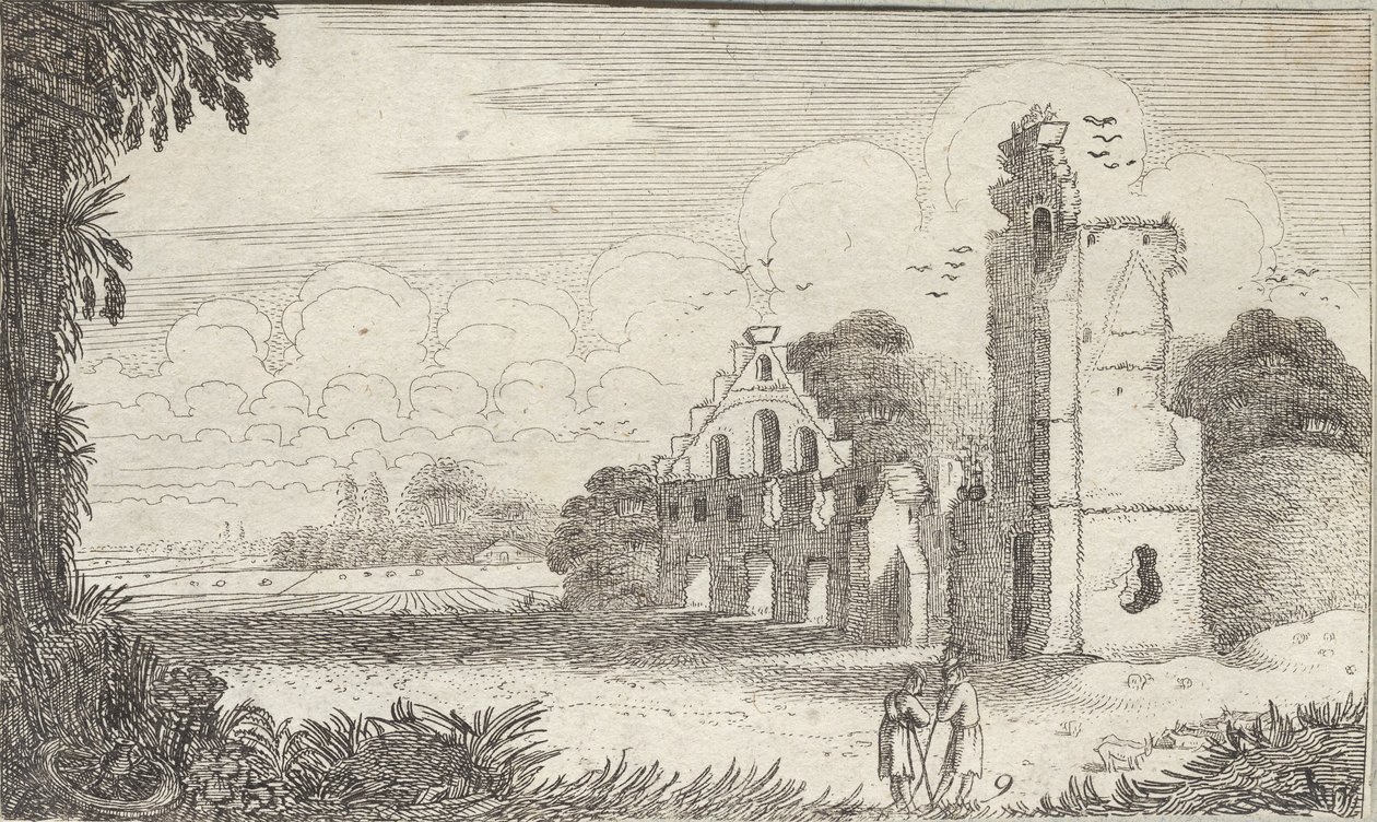 Landskap med en kyrka i ruiner och två herdar i samtal av Jan Van de Velde