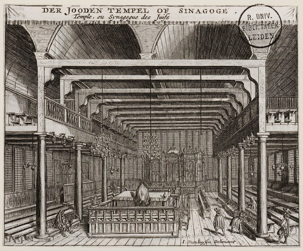 Interiör av den portugisiska synagogan i Amsterdam av Jan Veenhuysen