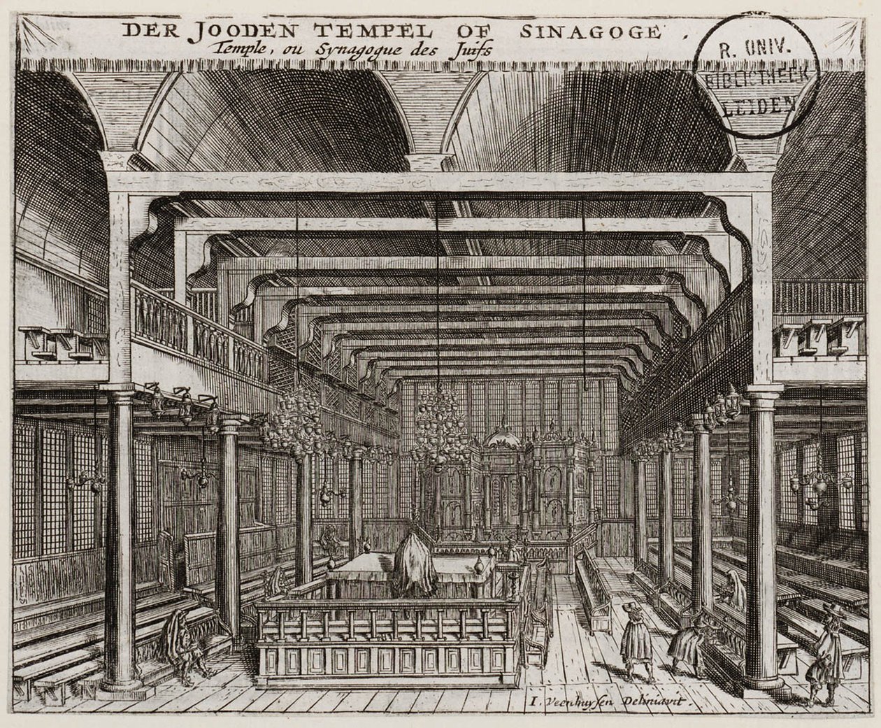 Interiör av den portugisiska synagogan i Amsterdam - Veenhuysen, Jan (aktiv 1656-1685) - Kopparstick - 11,2x13,7 - Leidens universitetsbibliotek av Jan Veenhuysen