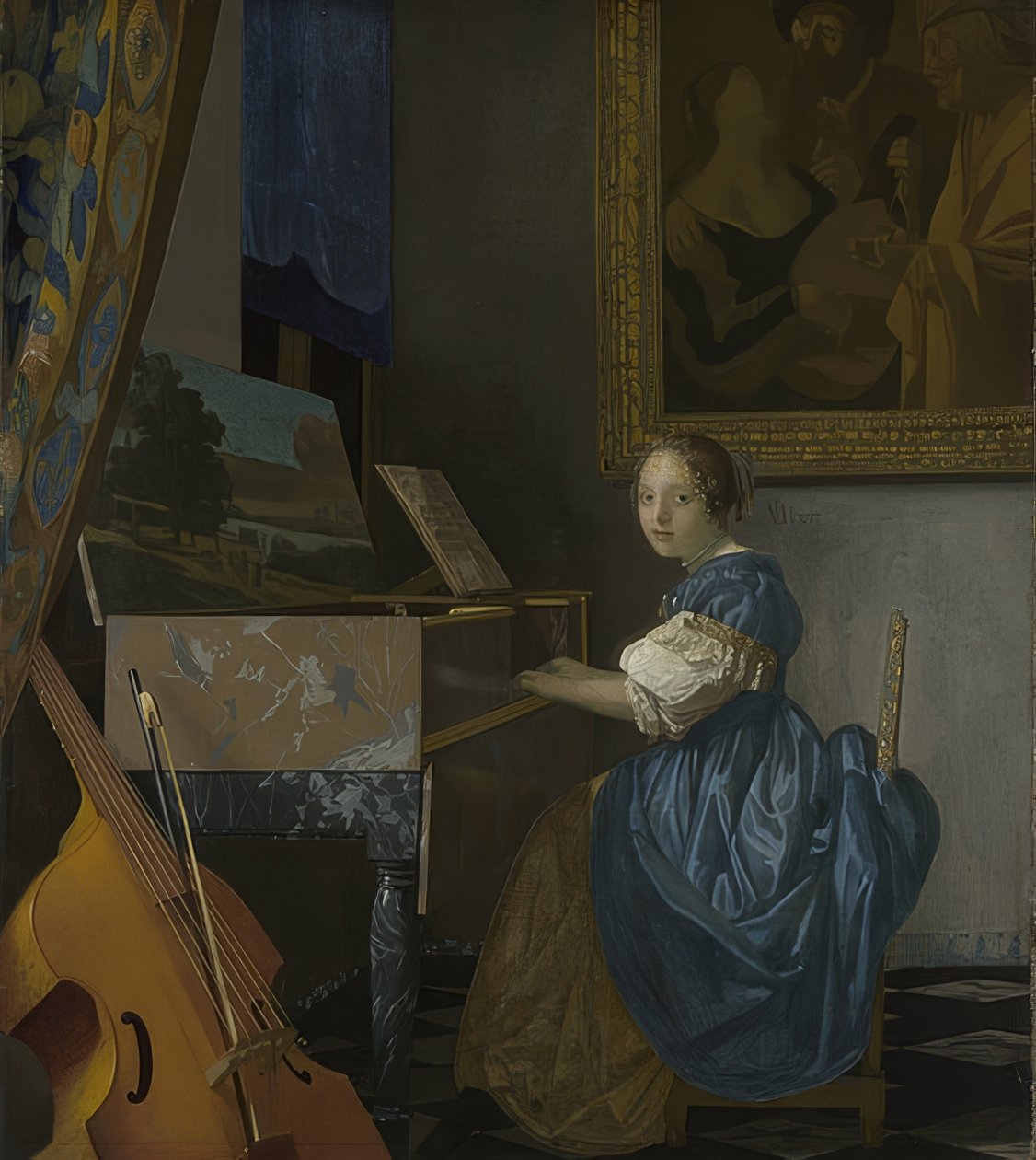 Ung kvinna som sitter på en oskuld. Omkring 1670-72 av Jan Vermeer van Delft