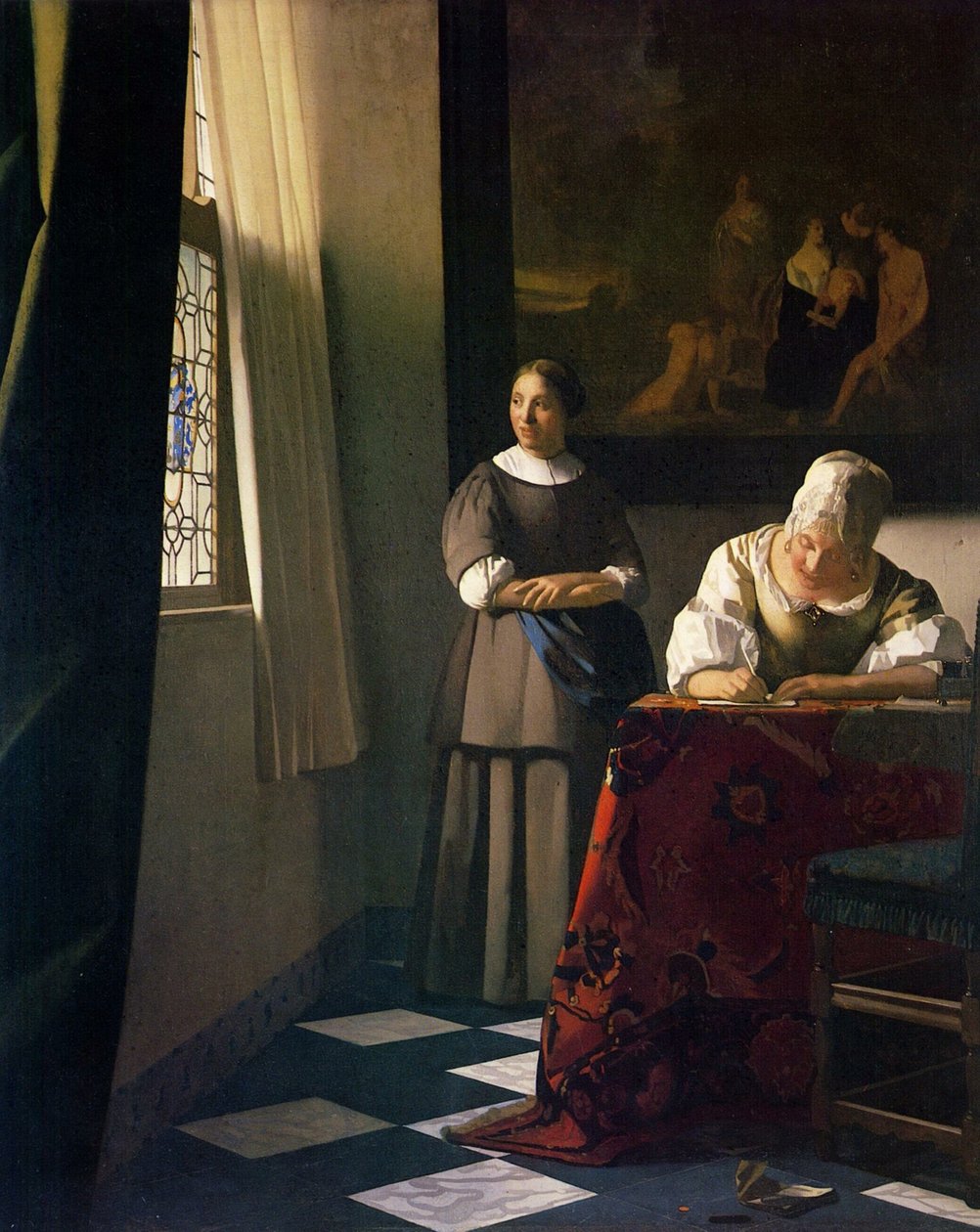 Dam som skriver ett brev med sin hembiträde av Jan Vermeer van Delft