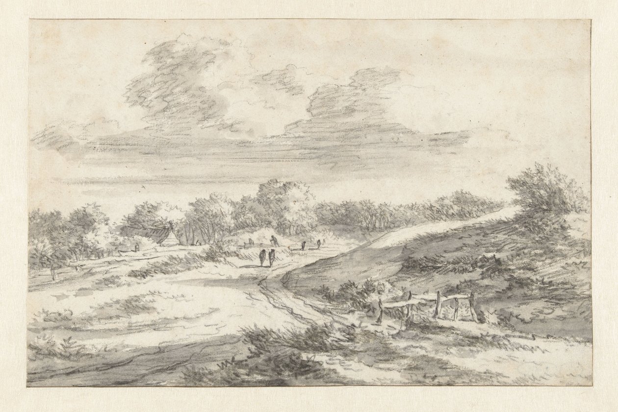 Dunelandskap med figurer längs en väg, med en stuga i fjärran av Jan Vermeer van Haarlem (I) (attributed to)