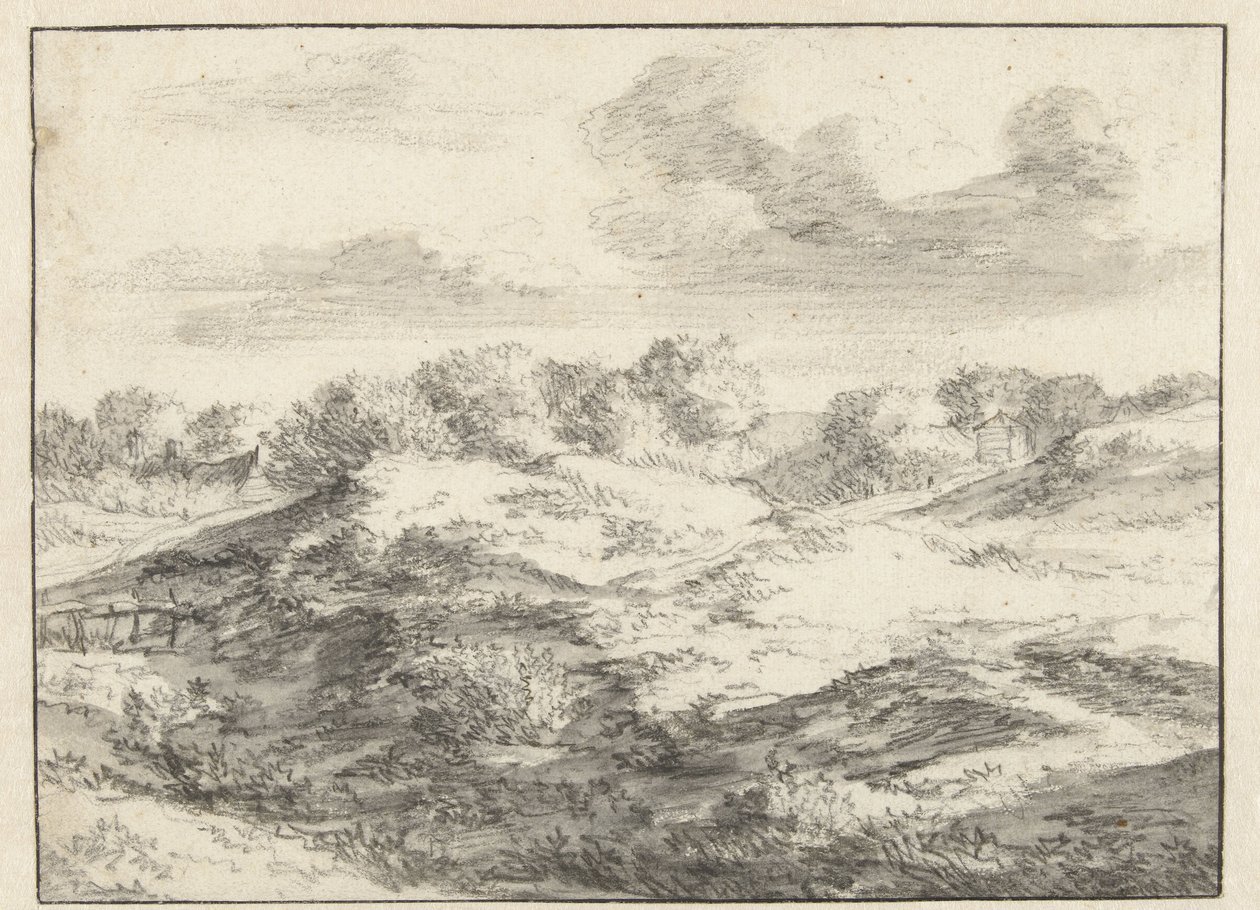 Dunelandskap, med en stuga i fjärran av Jan Vermeer van Haarlem (I) (attributed to)