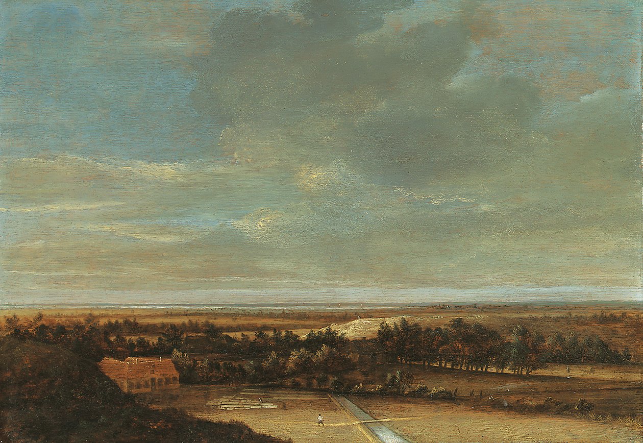 Ett vidsträckt dynlandskap med bondgård och blekeri av Jan Vermeer van Haarlem