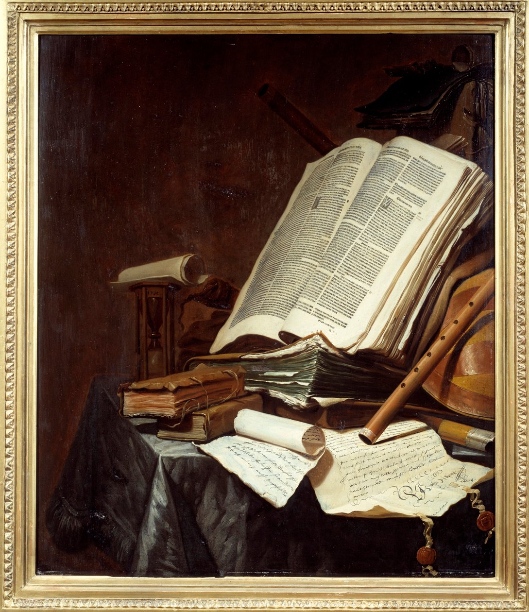 Böcker och musikinstrument Målning av Jan Vermeulen (1638-1674) 1600-talet sön. 0,78x0,69 m Nantes, musee des Beaux Arts av Jan Vermeulen