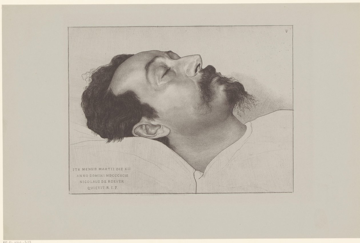 Nicolaas de Roever på sin klotter Således vilade Nicholas de Roever den 12 mars år 18903 R.I.P. (titel på objekt) av Jan Veth