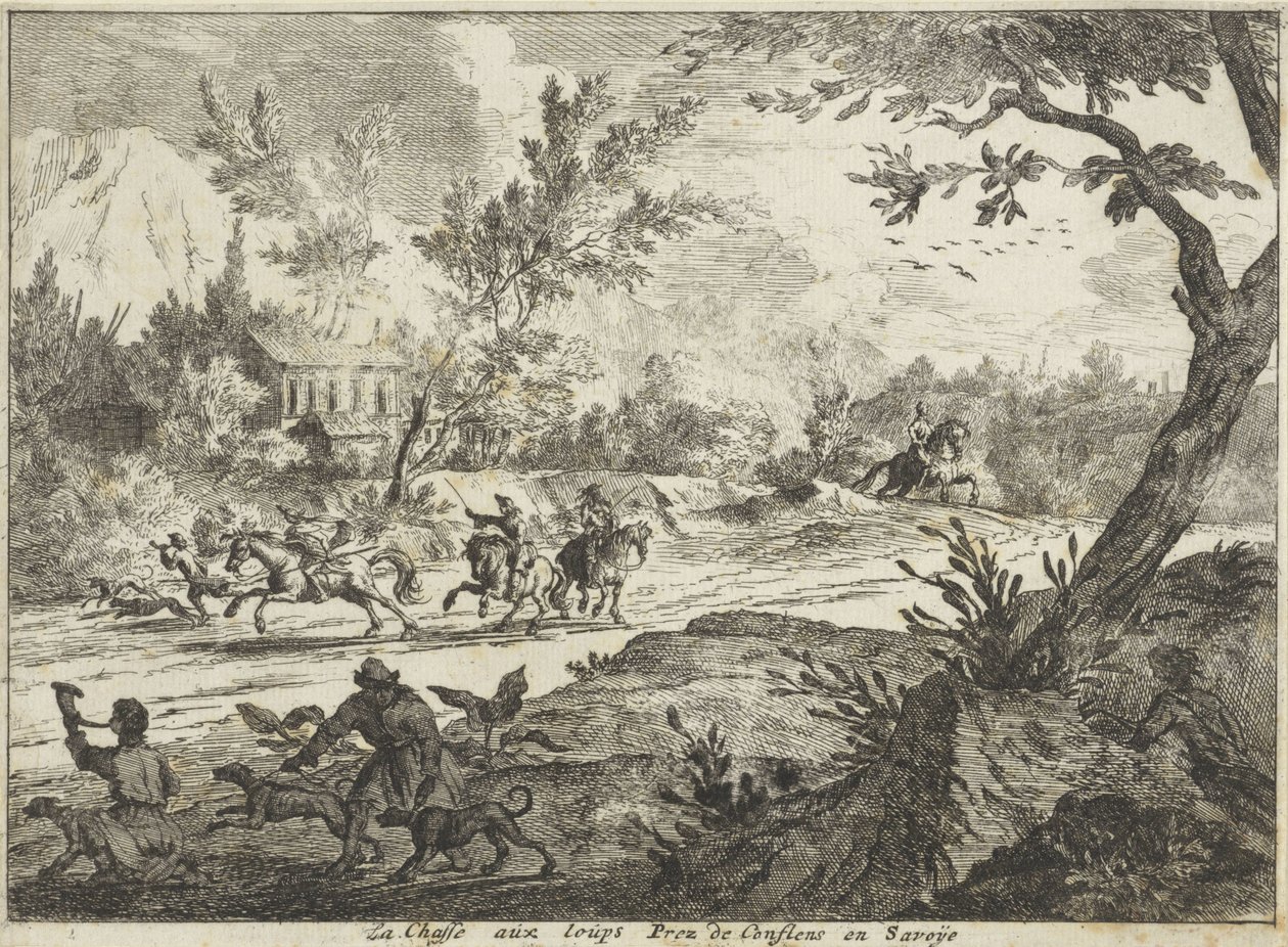 Vargjakt i Conflans, Savoie La Chasse aux Loups Prez de Conflans en Savoije (titel på objekt) Faces in Savoie (serietitel) av Jan Vincentsz. van der Vinne