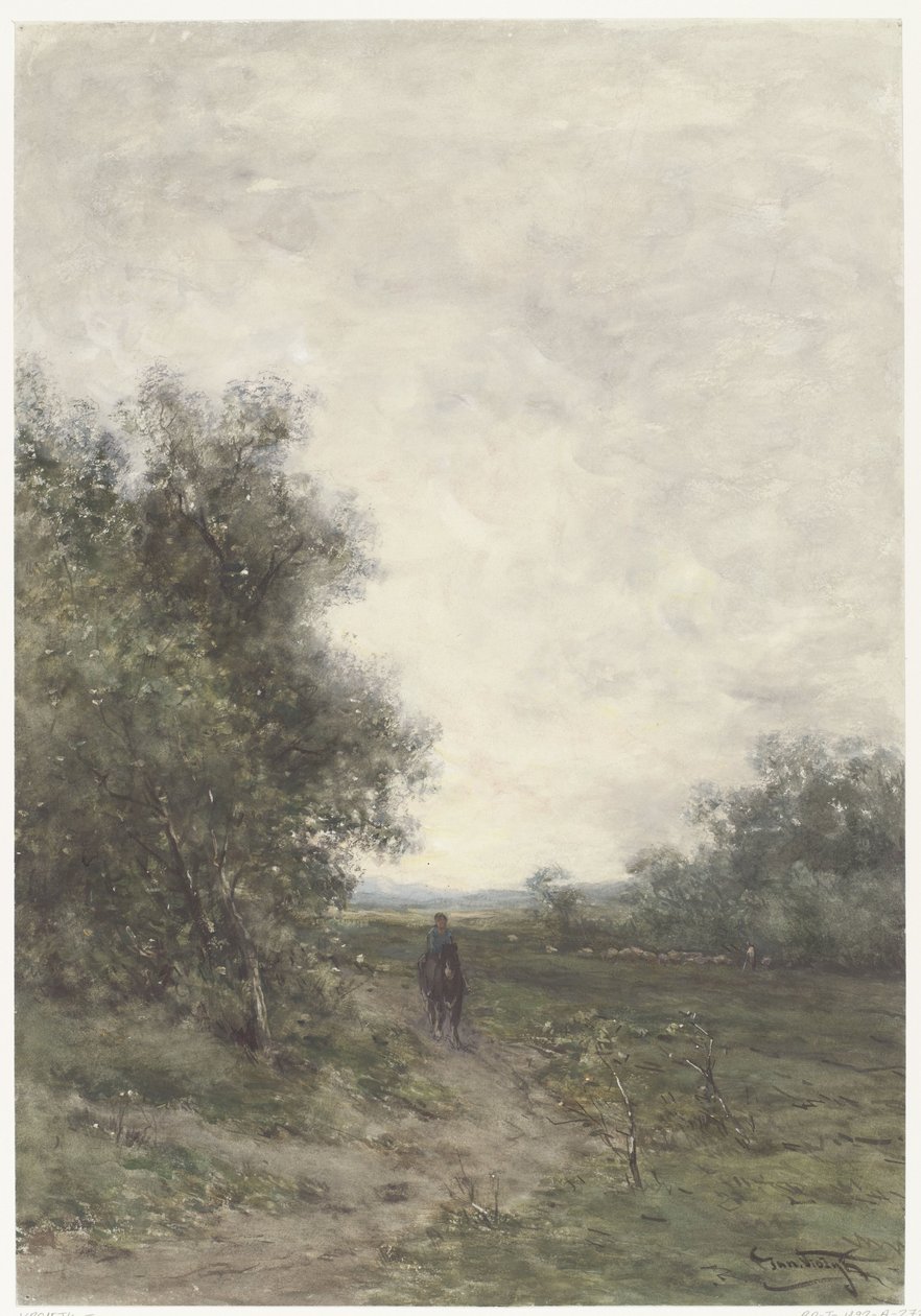 Landskap med en ryttare och en flock får med en herde av Johannes Martinus Vrolijk