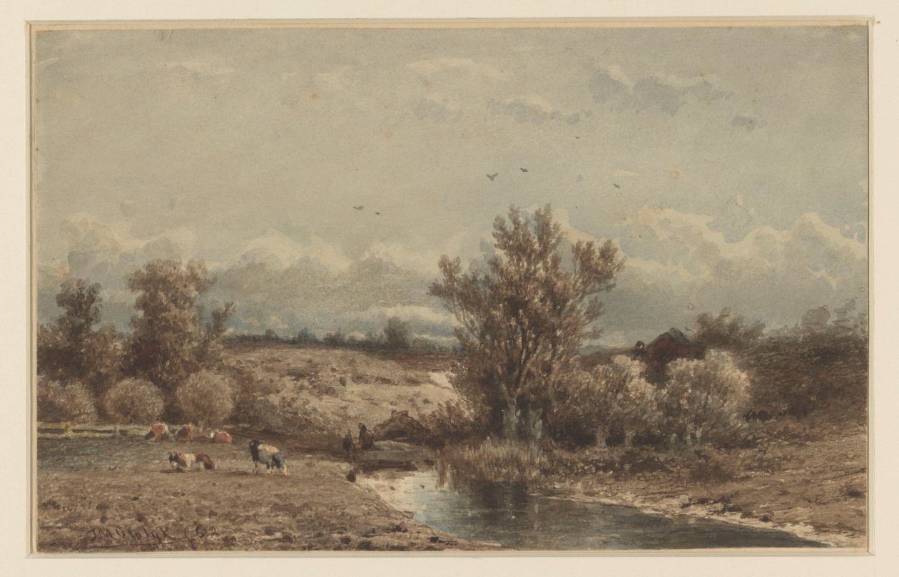Landskap med flod och kor av Johannes Martinus Vrolijk