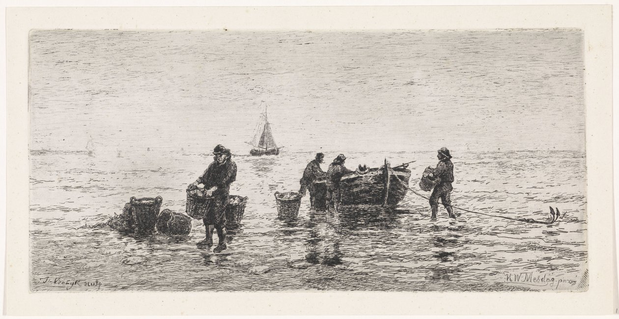 Fiskare tömmer en slup på stranden av Johannes Martinus Vrolijk