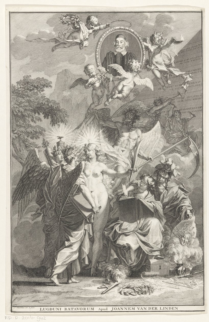 Allegorisk titelsida med porträttet av författaren Edward Simson Titelsida för: Edward Simson, Chronicon historiam catholicam complectens, 1729 av Jan Wandelaar