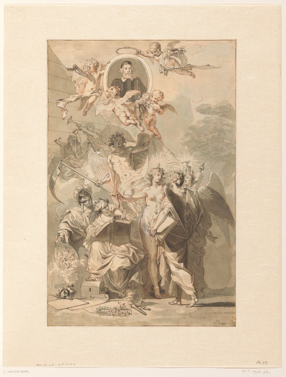 Frontispice design för Edward Simson, Chronicon Catholicon av Jan Wandelaar