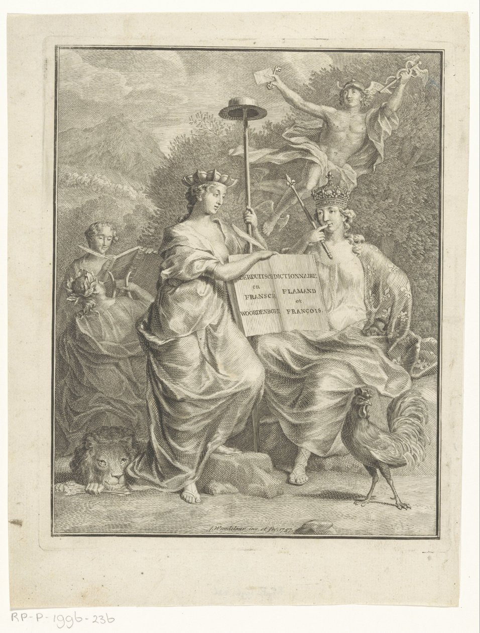 Personifieringar av österrikiska Nederländerna och Frankrike Holländsk och fransk ordbok / Dictionnaire Flamand et François (titel på objekt) Titelsida för: François Halma, The large French and Nederduitsch dictionary, 1761 av Jan Wandelaar