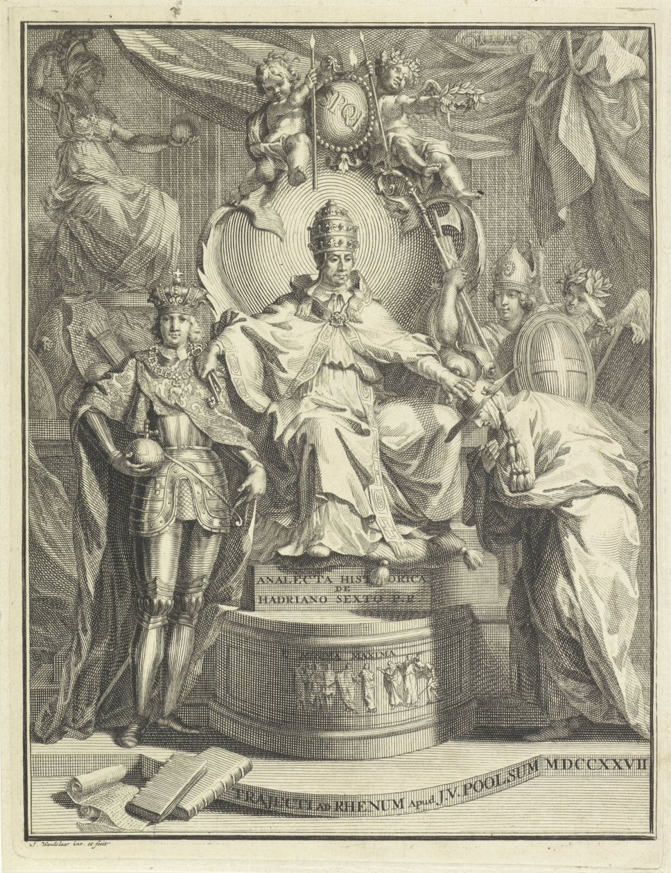 På tronen, Adrian VI Titelsida för: Burmann, Kasper. Hadrianus VI eller den historiska anacleta av Hadrianus den sjätte romerske påven, 1727 av Jan Wandelaar