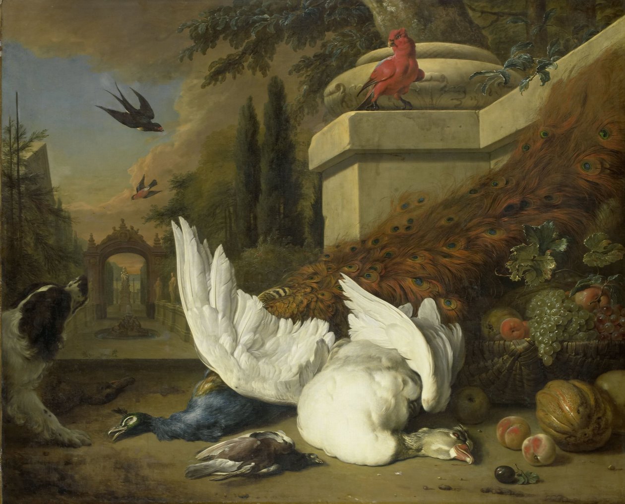 En hund med en död gås och påfågel (en studie av vilt och frukt) av Jan Baptist Weenix