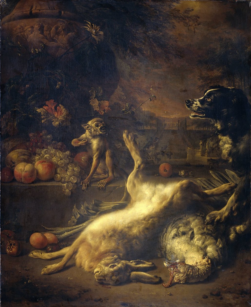 En apa och en hund med dött vilt och frukt av Jan Baptist Weenix