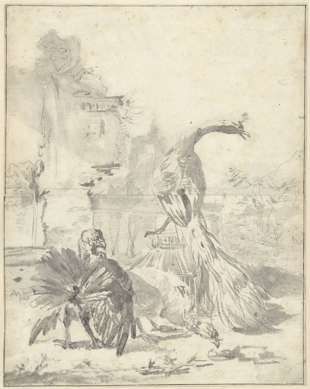 Hoenderhof med en påfågel och två kalkoner av Jan Baptist Weenix