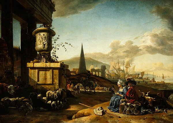 Italiensk hamn (olja på panel) av Jan Baptist Weenix