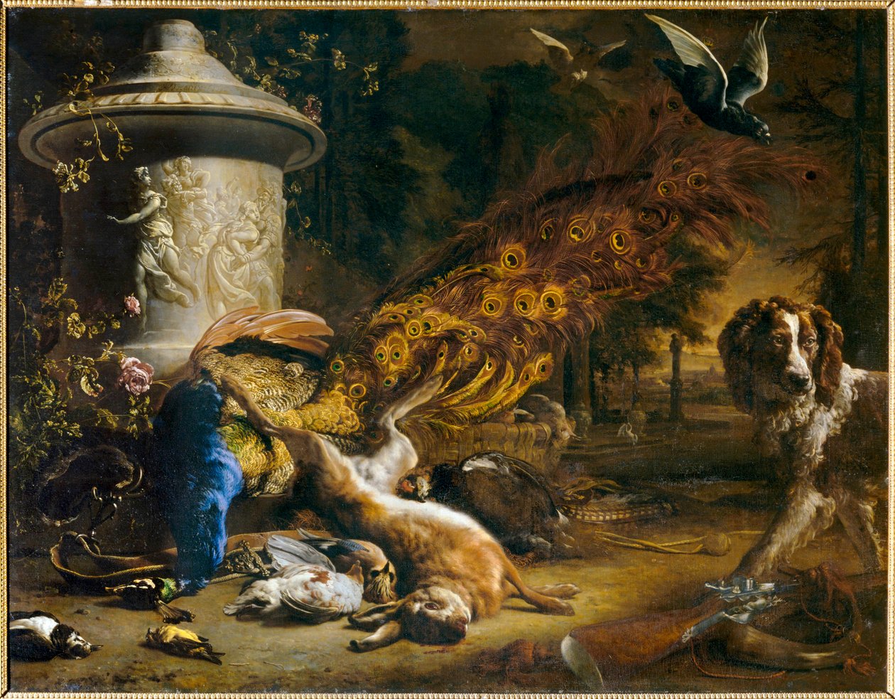 Stilleben med påfågel och hund eller Jaktens produkter. 1696 ... av Jan Weenix
