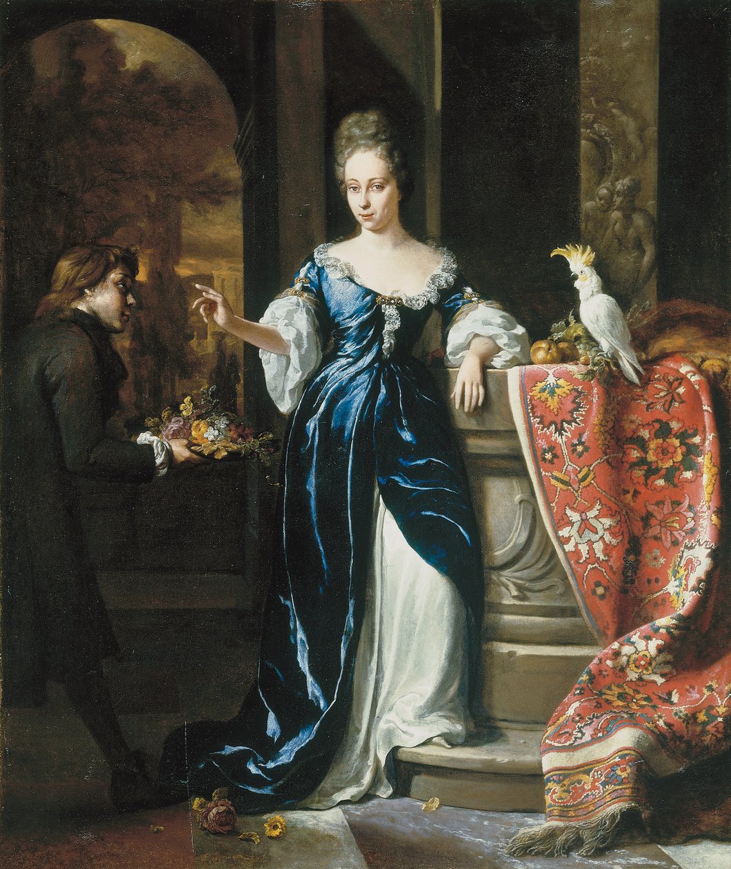 Porträtt av Lodewina Schey i en blå klänning, med en åtföljande som bär blommor av Jan Baptist Weenix
