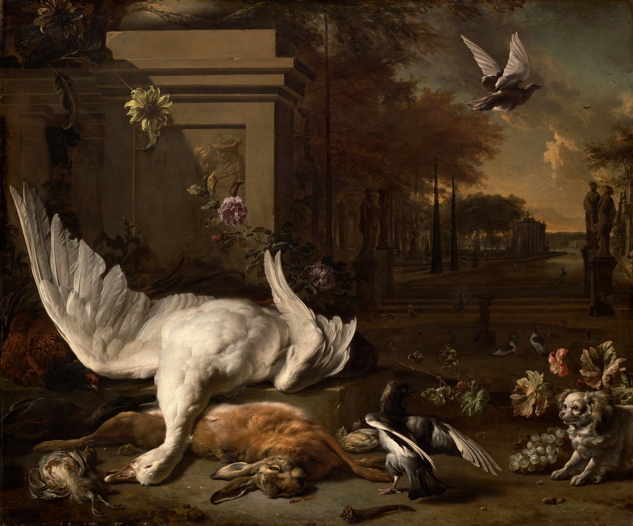 Stilleben med svan och vilt före en lantgård av Jan Baptist Weenix